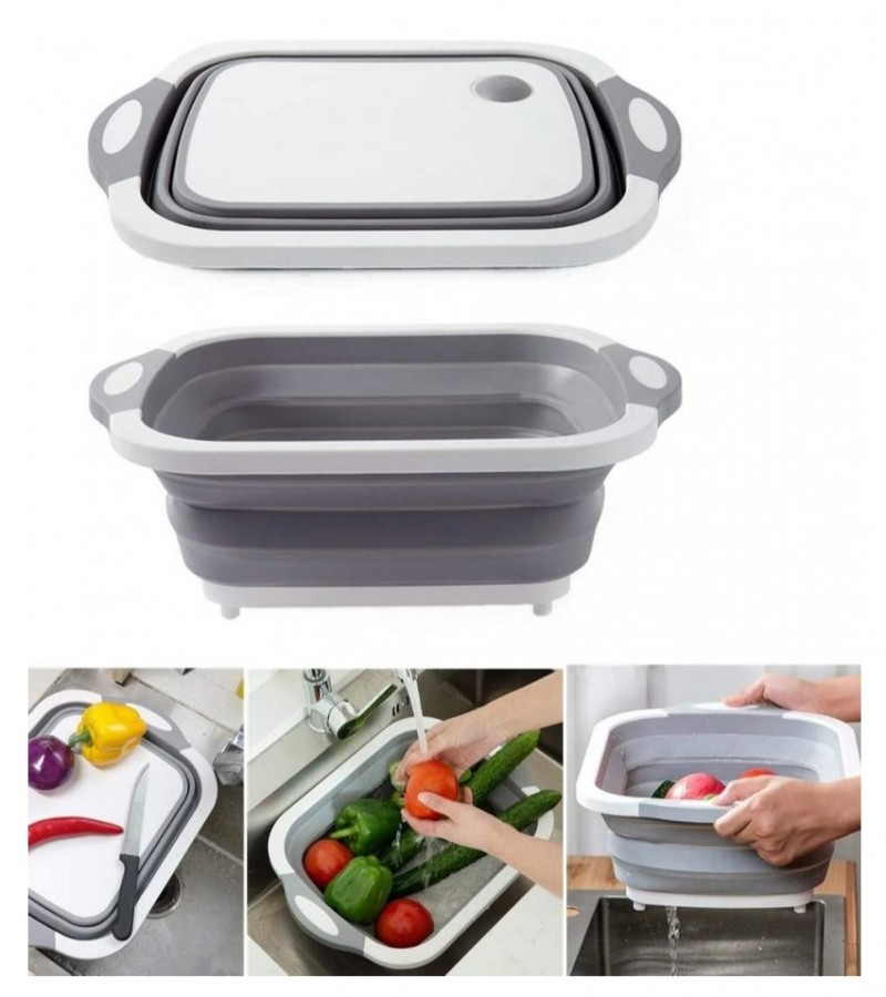 3 in 1 Board with Colander Foldable Multi-function Kitchen Plastic Silicone Dish Tub Washing Sink