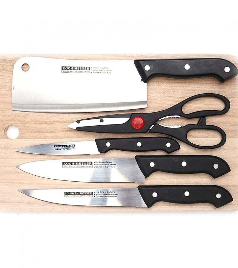 6pcs - Steel Blade Knife Set With Cutting Board